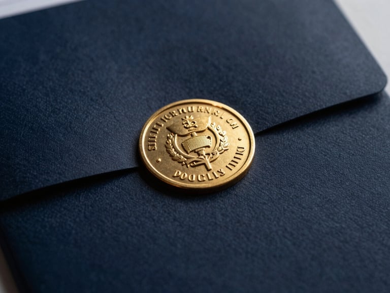 Close-up of a contract document with a golden seal, dramatic side lighting, deep navy and gold tones.