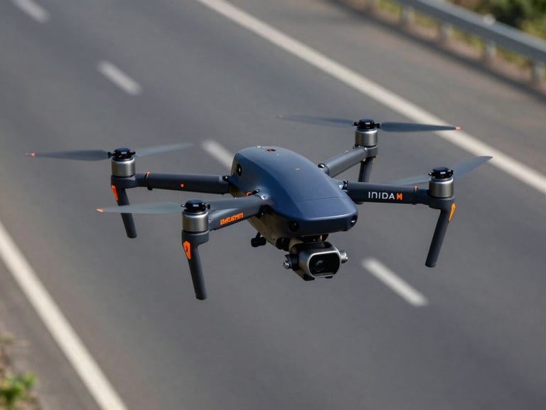High-contrast image of a drone flying over a modern Indian highway, capturing detailed imagery for AI analysis, clean editorial photography, professional 35mm