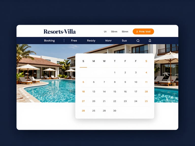 Clean screenshot of the Resorts-Villa booking platform interface, showing an elegant resort pool area and booking calendar, modern, high-contrast, professional 35mm
