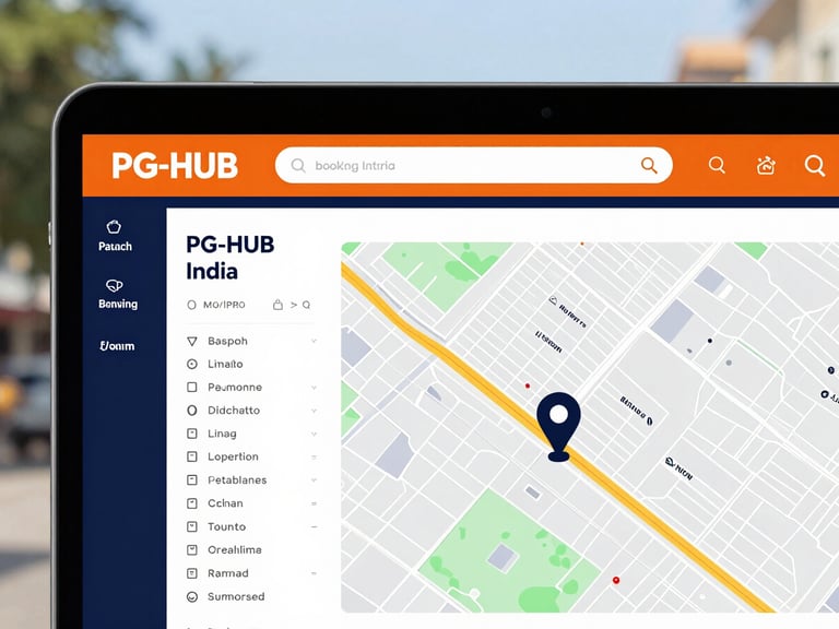 Clean screenshot of the PG-HUB India booking platform interface, showing a map with pins and listing details, modern, high-contrast, professional 35mm