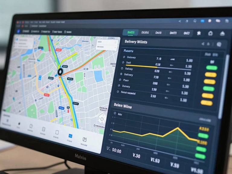 Close-up of a modern digital logistics dashboard showing real-time tracking maps, delivery KPIs, and route optimization charts, cool tech lighting.