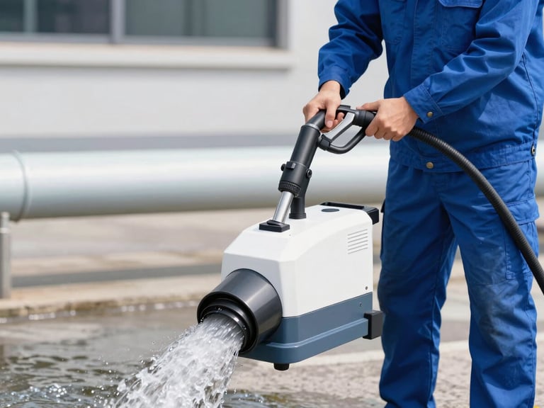A professional technician in a clean blue uniform operating a modern high-pressure hydro-jetting machine, bright daylight, clear water flowing through a clean pipe in the background, sharp focus