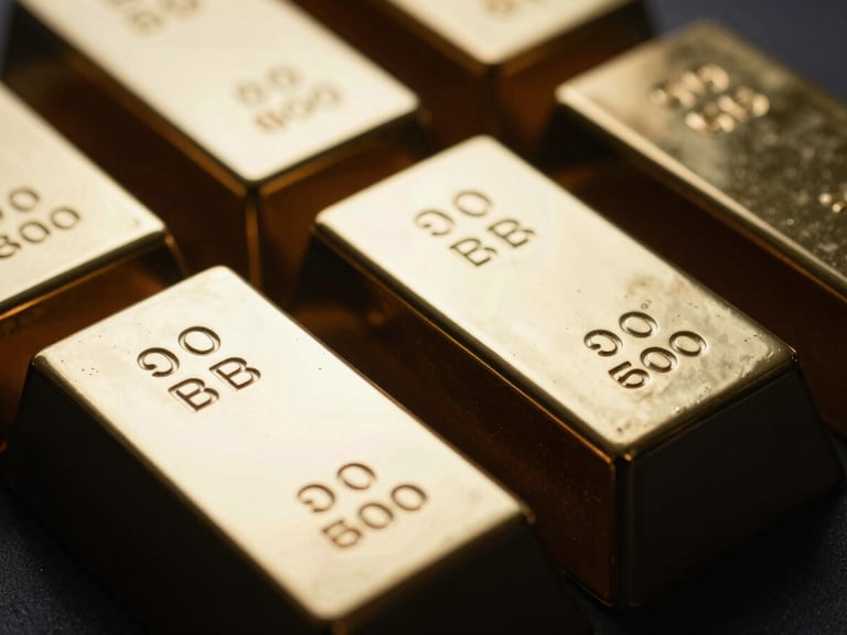 Dramatic close-up of physical gold bars with stamped serial numbers, low-key directional lighting with deep shadows, metallic silver highlights, sharp focus.