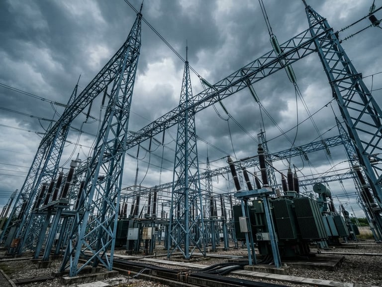 Low-angle environmental shot of a massive industrial electrical substation with heavy steel gantries and high-voltage transformers under a dramatic overcast sky, cool steel blue and slate tones, sharp focus, 35mm.