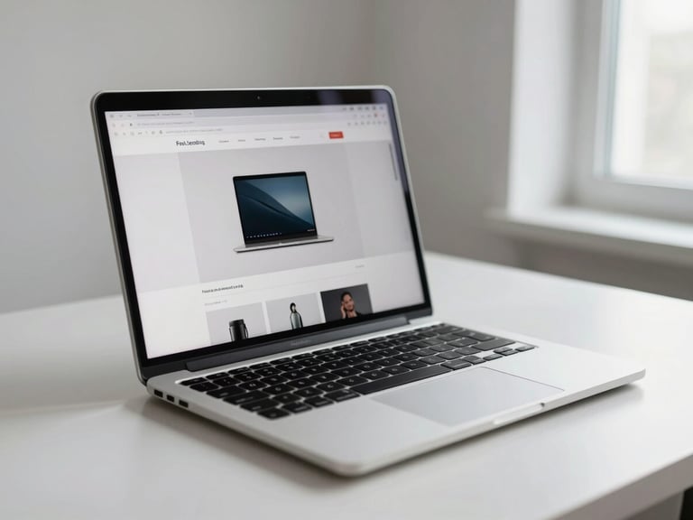 MacBook on a white desk displaying a fast-loading e-commerce product page — interface detail visible with crisp imagery, soft north window light from the right, minimal desk surface, no people