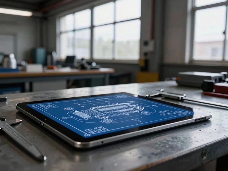 Technical mechanical blueprint overlaid on a tablet screen on a workbench with calipers, industrial workspace, high contrast