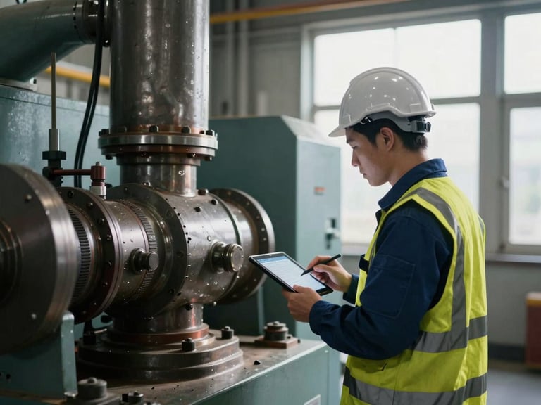 An engineer in high-visibility safety gear inspecting heavy industrial machinery with a digital tablet on-site, dramatic lighting, sharp focus