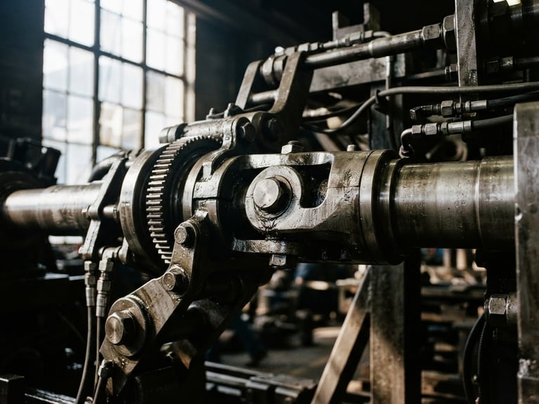 Close-up of industrial steel mechanical joints under dramatic factory window light, sharp focus, technical metallic tones, 35mm lens