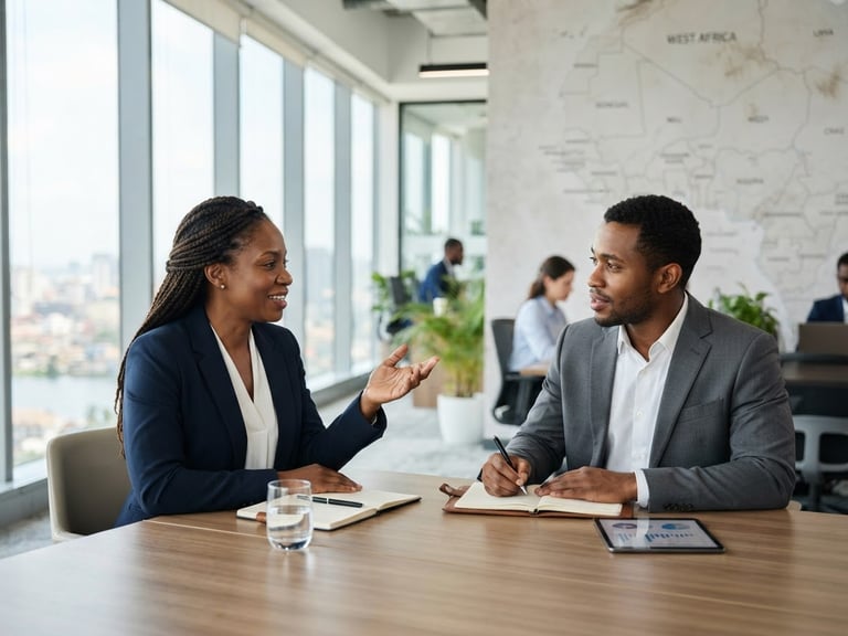 Professional discussion between two business people in a modern, well-lit office, with a map of West Africa subtly in the background, sharp focus, 35mm lens