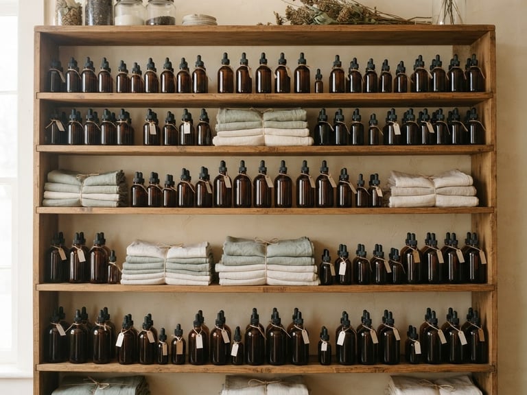 Straight-on view of clean wooden apothecary shelves holding amber glass tincture bottles and neatly stacked linen, soft daylight, 35mm lens