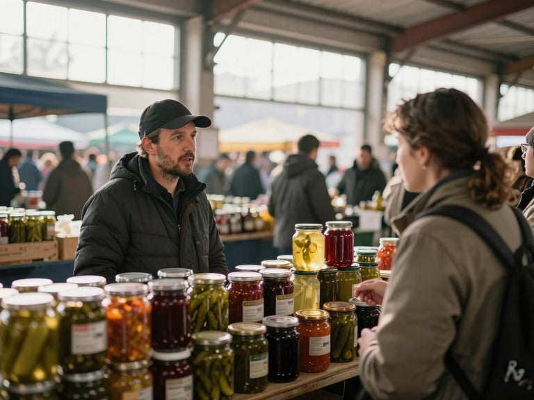 Wide environmental photograph inside a busy Saturday market: a vendor at a preserved-goods stall speaking to a customer, jars of pickles and relishes catching the light behind them, warm daylight from large market windows, candid unposed framing from a slight distance
