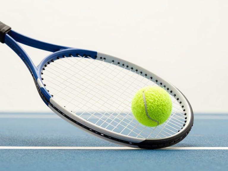High-speed frozen-motion shot of a tennis ball compressing against racquet strings, court lines visible, bright daylight