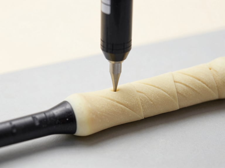 Close-up of a high-density polyurethane grip being molded onto a racquet handle, precision tools on a clean gray workbench