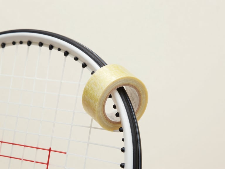 Macro shot of lead tape being applied to a tennis racquet frame at the 12 o'clock position, clean clinical studio lighting, off-white background