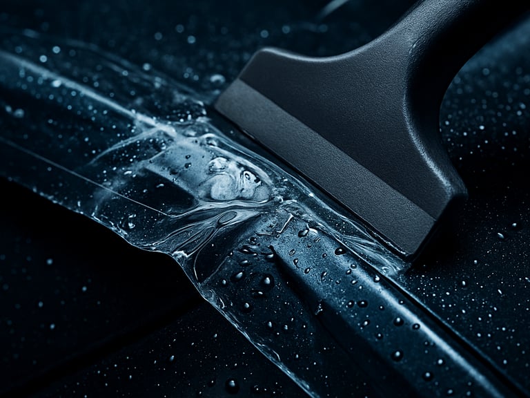 Extreme macro close-up of a squeegee pressing water out from under a clear paint protection film on a sharp fender crease, water droplets, crisp studio lighting, cool blue highlights