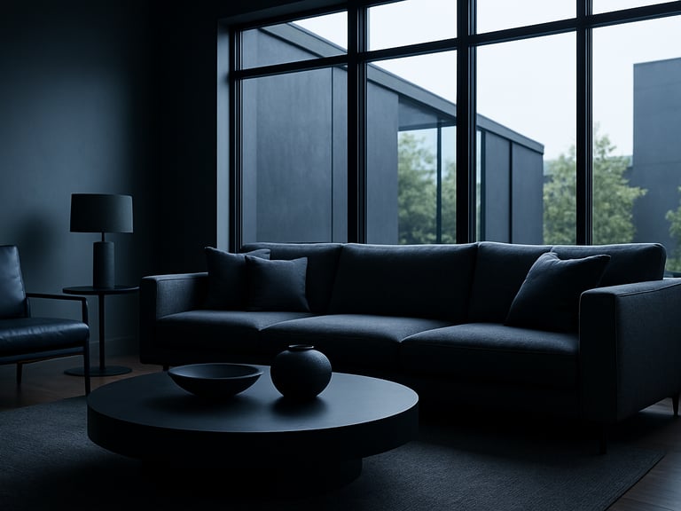 Sleek modern Riverton living room with large architectural windows, soft balanced light, showing cool comfortable interior space