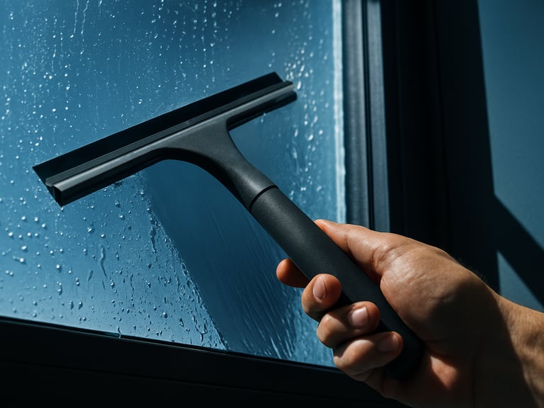 Macro shot of solar film being applied to a modern home window, water squeegeed away precisely, bright natural sunlight casting sharp shadows