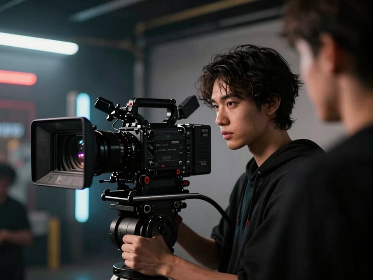 Close-up of a talent (model) being filmed with a cinema camera rig in a high-contrast studio, framed for a vertical 9:16 aspect ratio, dramatic directional key light.