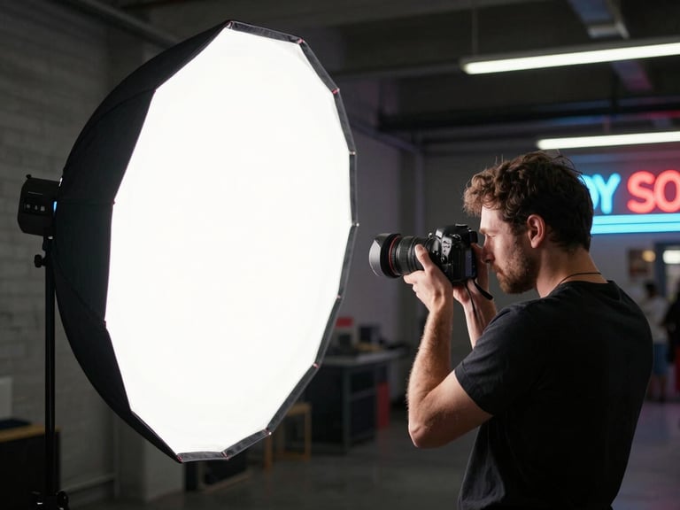 Behind-the-scenes shot of a photographer using a Canon R5 with a large softbox in an urban loft studio, capturing a product, sharp focus, high-contrast lighting.