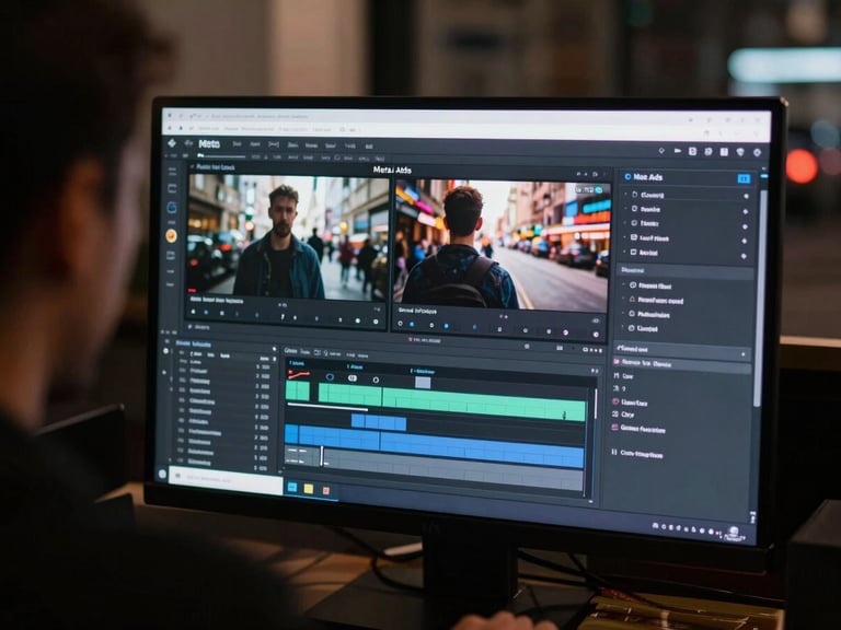 Over-the-shoulder shot of an editor's screen showing a Meta Ads campaign dashboard with video creatives, high-contrast, professional editing suite aesthetic.