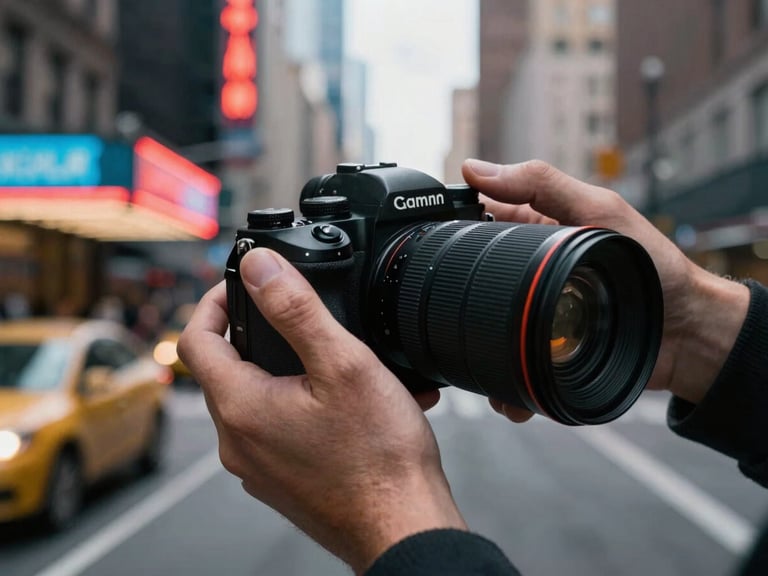 Close-up of a professional photographer's hands adjusting a high-end camera lens in a studio, sharp focus, high-contrast lighting, NYC urban backdrop blurred in background, 35mm cinematic look