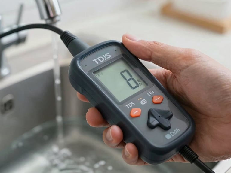 Extreme close-up of a technician's hand holding a digital TDS meter probe submerged in tap water, meter display showing a three-digit reading, kitchen sink background slightly out of focus, soft overhead light, sharp focus on the meter digits