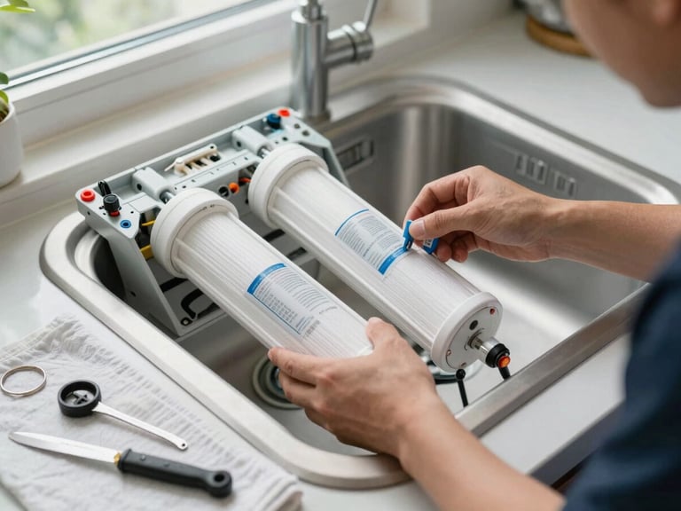 Technician's hands carefully mounting a multi-stage RO filter housing under a kitchen sink, filter cartridges visible and clearly labeled, natural daylight from a nearby window, tools laid out neatly on a cloth, residential kitchen setting