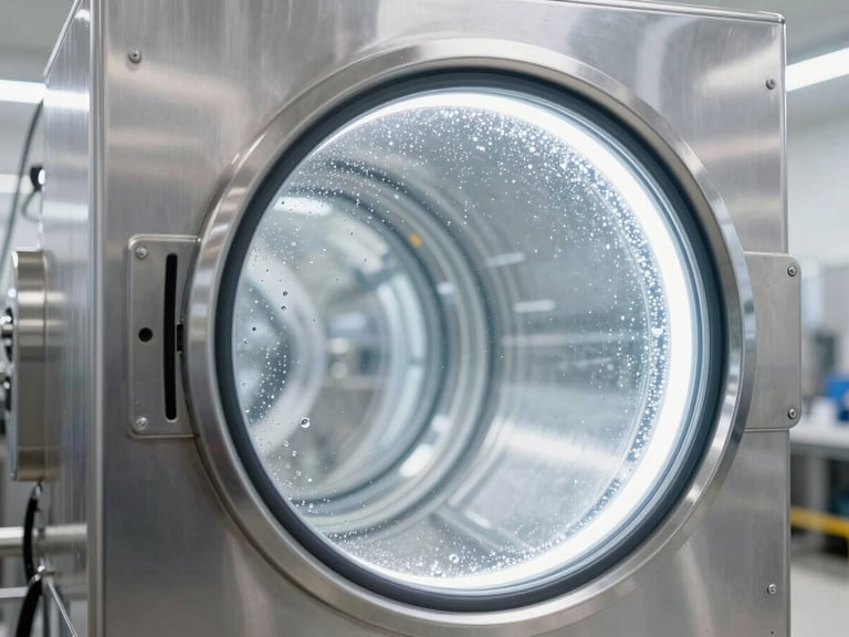 Industrial washing tunnel made of polished stainless steel, water droplets visible on glass, bright clean lighting