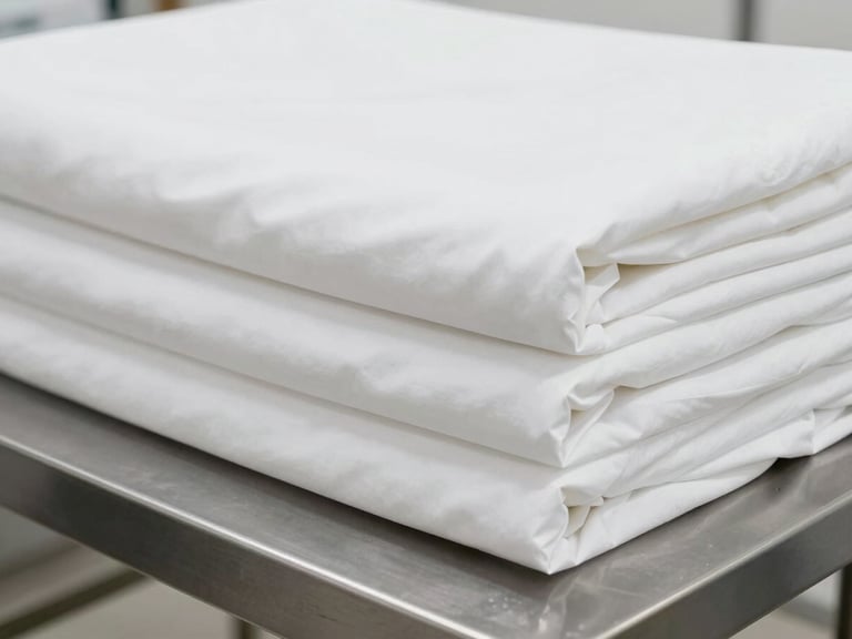 Macro shot of perfectly aligned, crisp white hotel sheets stacked on an industrial stainless steel table, cool natural light