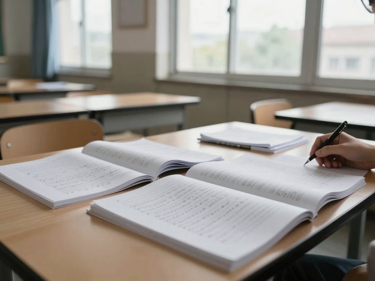 Wide view of a classroom table mid-session, course materials spread open, two sets of hands visible near printed exercise sheets, afternoon diffused light through large windows, no faces, no posed arrangement