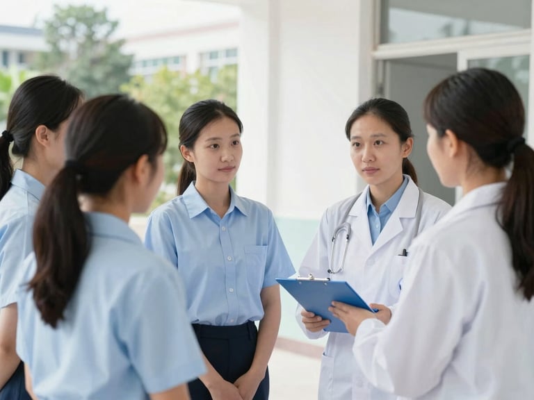 Diverse female student in uniform, observing a community health worker during a home visit in a rural setting, bright natural daylight, clean editorial photography, crisp cool tones, medium shot.
