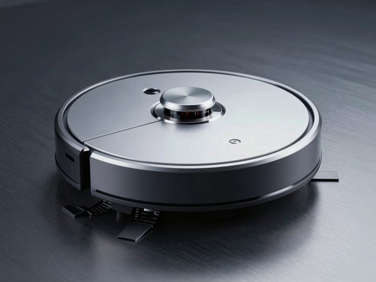 Sleek robotic cleaner on a dark brushed metal surface, cool crisp studio lighting, sharp macro detail of laser navigation sensor, metallic silver highlights