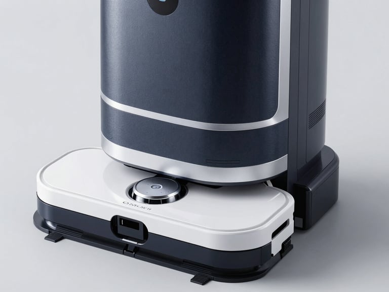 Sleek dark textured robotic cleaner with silver trim sitting in its multi-functional white OMNI station, high-contrast studio environment
