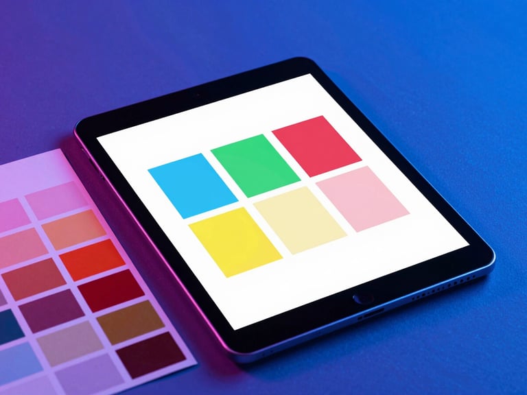High-fidelity digital mockup of a brand manual displayed on a tablet next to physical color swatches, neon blue lighting, 35mm film style