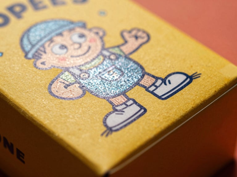 Close-up of custom packaging box with metallic foil stamping, hand-drawn character illustration integrated into the design, warm ambient light, macro focus