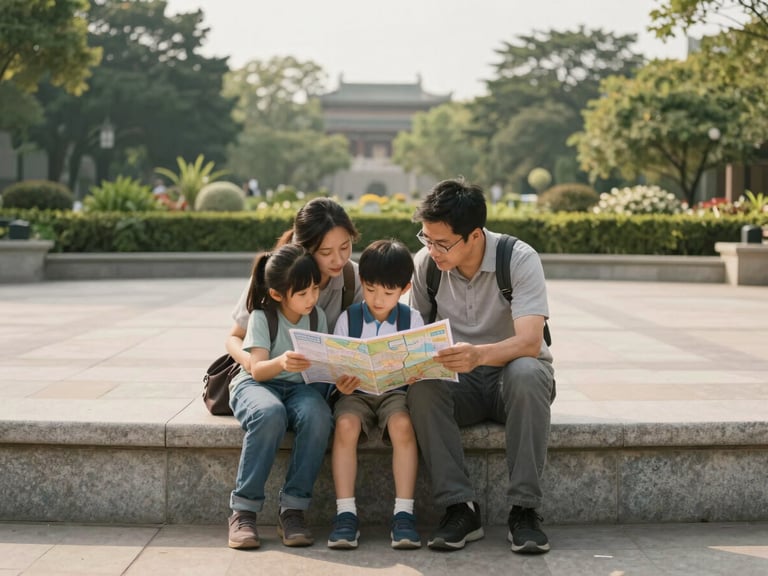 Medium-wide shot of two parents and their children sitting together on a low stone wall in a quiet plaza, reviewing a printed map, a safe well-maintained public garden behind them, warm soft daylight, genuine unhurried moment of shared planning