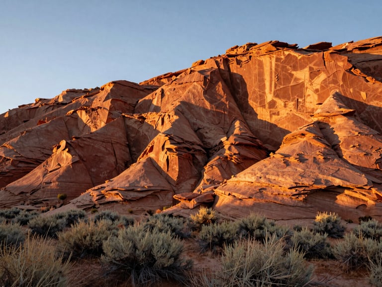Wide panoramic shot of Utah high desert cliffs at golden hour, deep terracotta rock formations, soft sage brush in foreground.