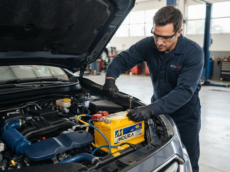 bright automotive photography, natural daylight, professional technician installing a yellow Moura battery under a car hood, crisp details, vibrant blue and yellow accents