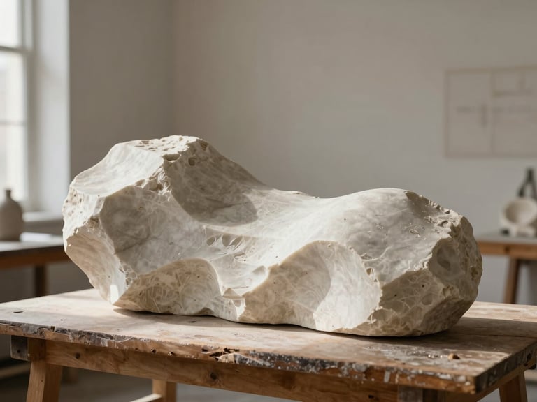 Fine art photography of a half-carved organic marble sculpture resting on a wooden workbench in a sunlit artist studio, soft side-light highlighting the rough chisel marks and smooth curves, warm tones.
