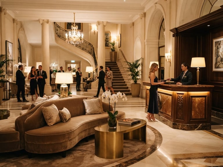 warm editorial photography of a luxury hotel lobby with soft ambient light, champagne tones, elegant interior design, 35mm