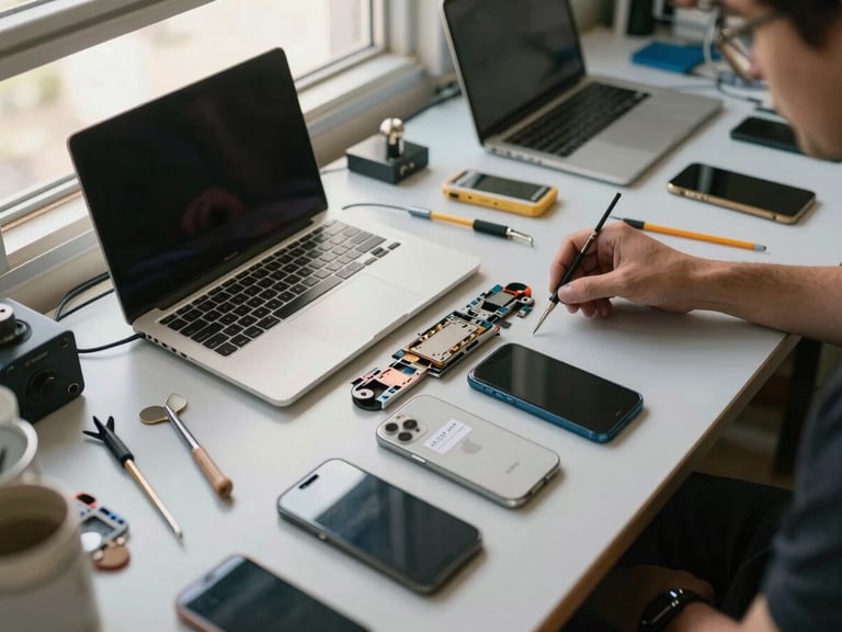 Wide overhead view of an active device repair bay — multiple smartphones and a laptop open on a well-lit workbench, tools neatly arranged beside components, a handwritten price label visible on one device, warm daylight from a side window