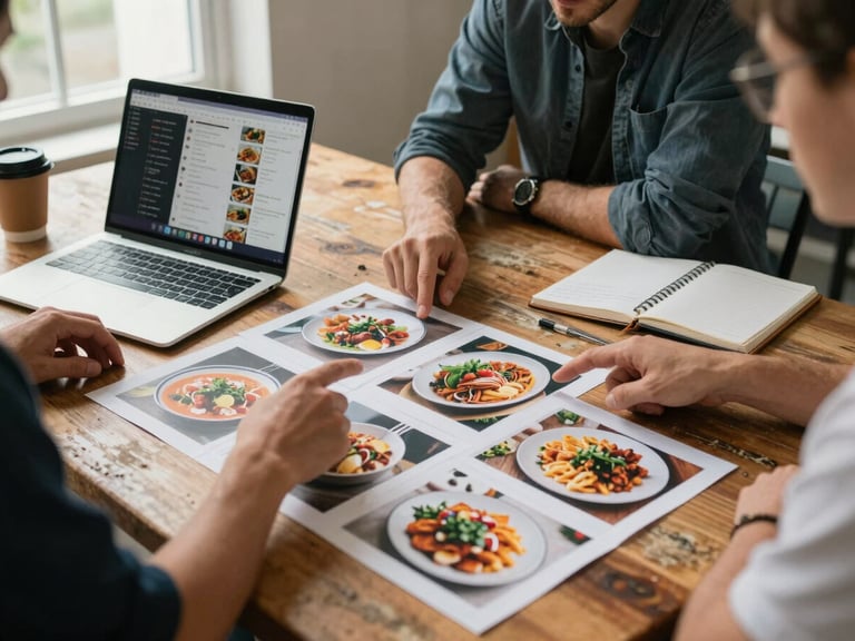 Close environmental shot of a small agency team at a worn wooden table reviewing printed food photographs spread across the surface, a laptop open showing an Instagram grid, natural window light falling from the left, hands pointing at specific images, coffee cups and a notebook nearby — candid and unposed