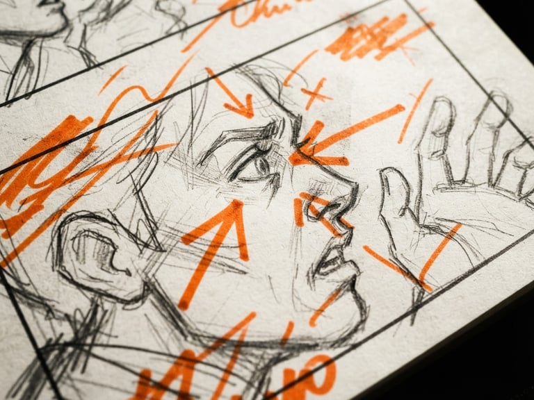 Extreme close-up of a raw storyboard sketch with bold orange marker annotations, harsh direct sunlight, deep shadows, 35mm film.