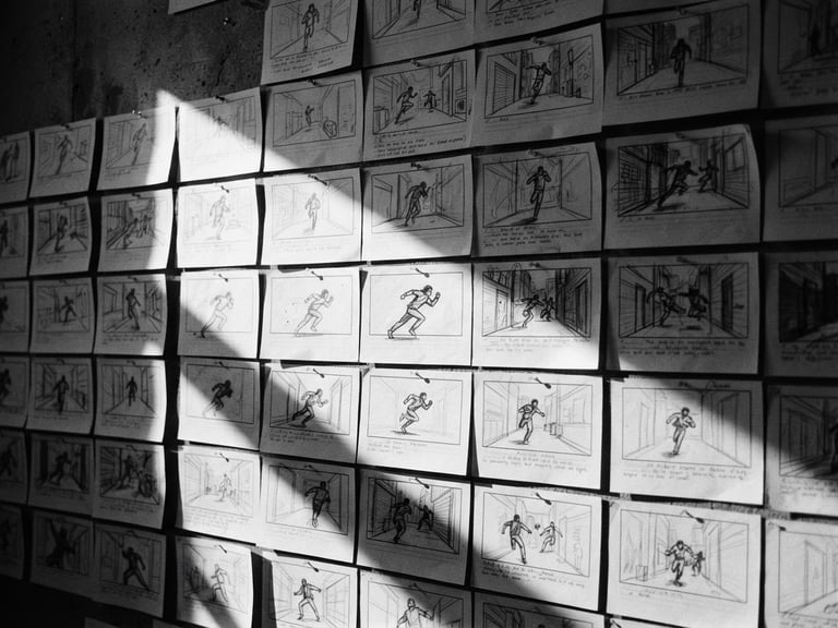 High-contrast editorial photo of raw storyboards pinned to a studio wall, dramatic direct sunlight, deep shadows, rich monochrome.
