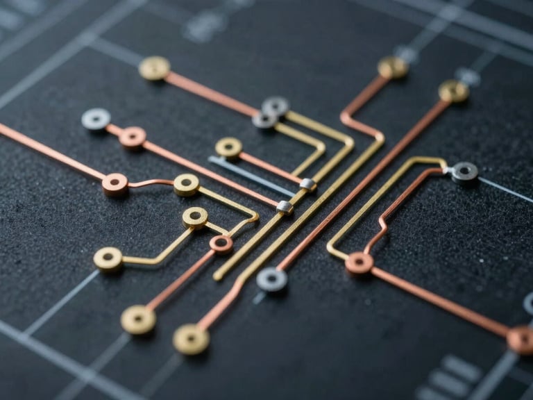 Macro shot of a highly detailed electrical CAD schematic, single-line diagram with copper-gold accent lines on a dark blueprint background, technical-editorial framing.