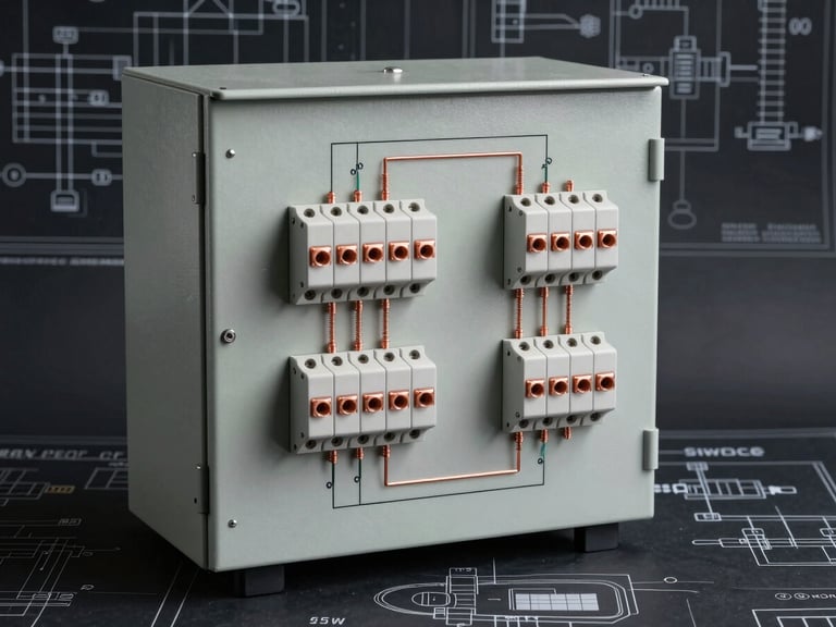 A highly detailed CAD electrical schematic of a power distribution panel, clean technical lines, copper accents, dark background, blueprint style