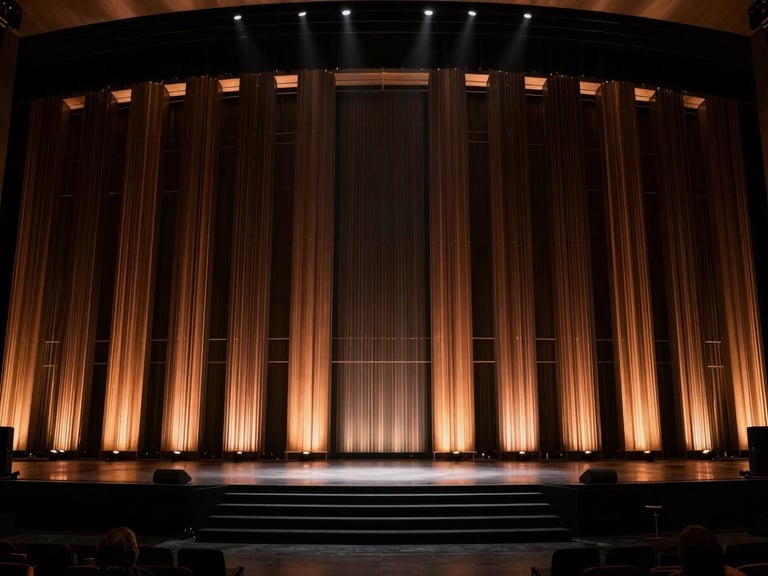 Dramatic architectural lighting on a massive corporate stage setup, high contrast, warm bronze ambient glow, 35mm lens