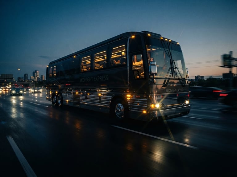 Wide low-angle cinematic shot of a luxury sleeper bus on a dark wet highway at dusk, glowing yellow LED indicators, metallic chrome reflections, anamorphic lens flare.