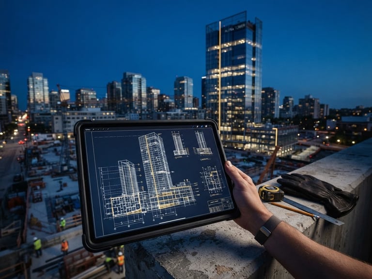 Detailed architectural blueprints overlaid on a digital tablet, sharp twilight blue-hour lighting, gold and navy tones, wide-angle tilt-shift lens