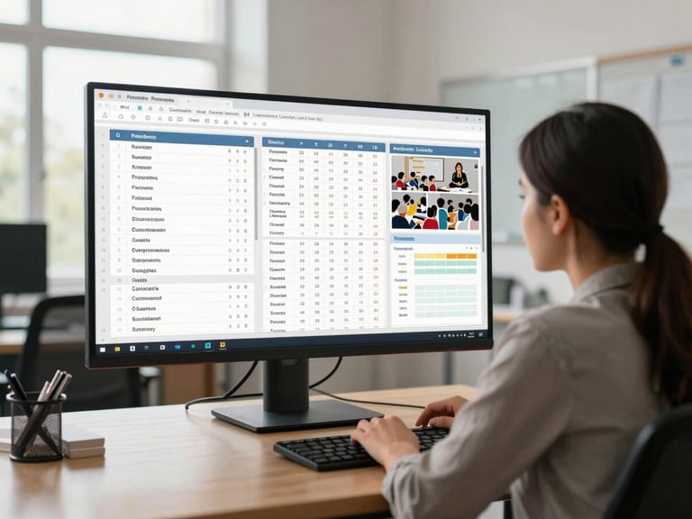 Environmental wide shot of a teacher seated at a desk reviewing a multi-panel progress dashboard on a large monitor, showing student speaking logs, assessment scores, and a class overview grid, natural window daylight from the left, tidy school office setting visible in the background
